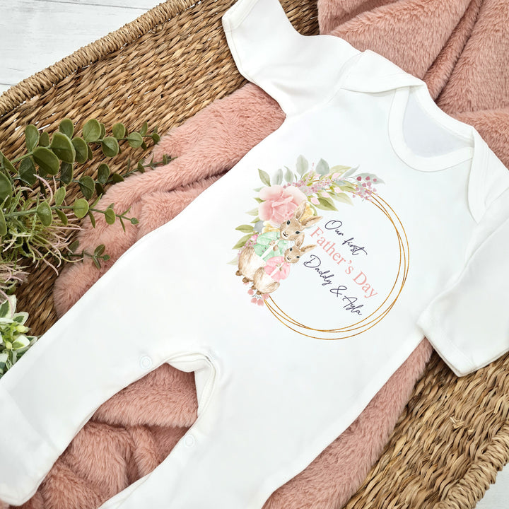 Personalised Green and Pink Rabbit Wreath First Father's Day Baby Grow or Vest