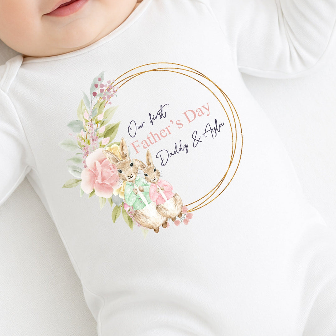 Personalised Green and Pink Rabbit Wreath First Father's Day Baby Grow or Vest
