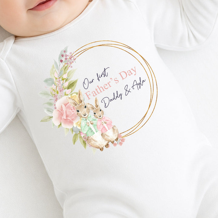 Personalised Green and Pink Rabbit Wreath First Father's Day Baby Grow or Vest