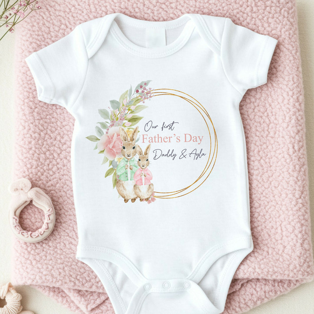 Personalised Green and Pink Rabbit Wreath First Father's Day Babygrow/Vest