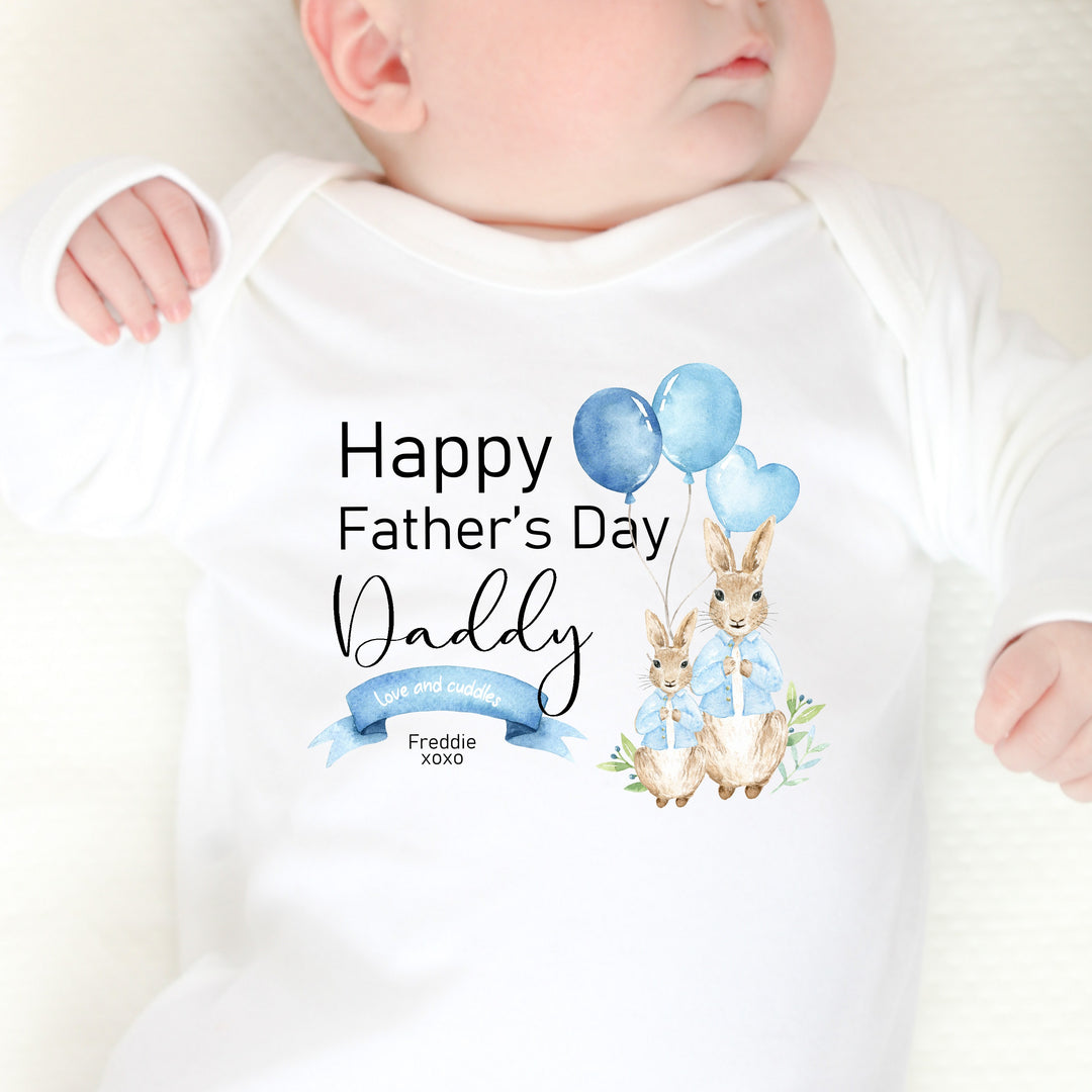 Personalised Our First Father's Day Blue Rabbits Babygrow/Vest