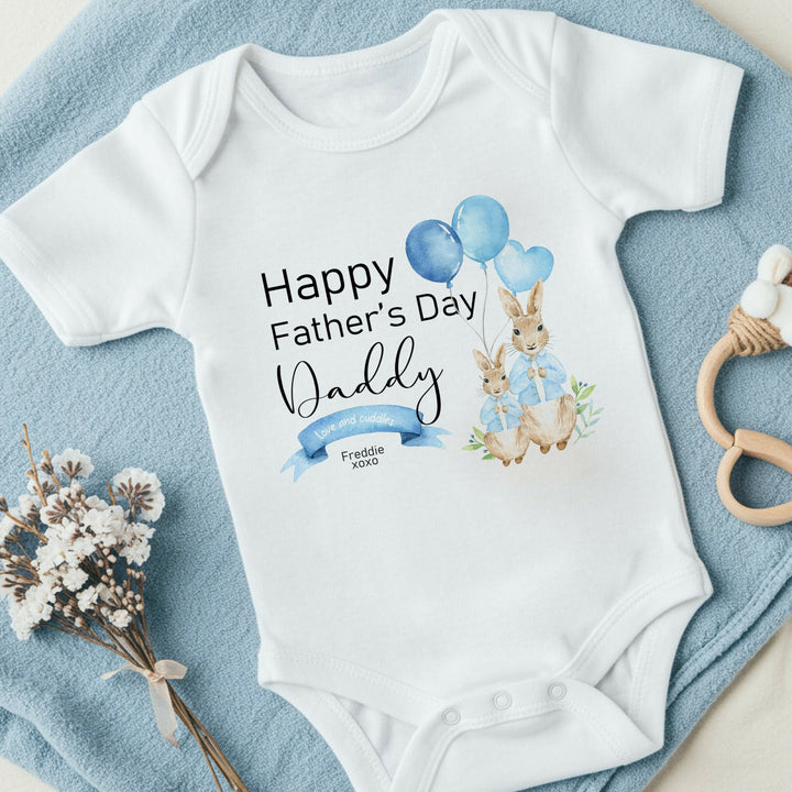 Personalised Blue Rabbit Happy Father's Day Babygrow/Vest