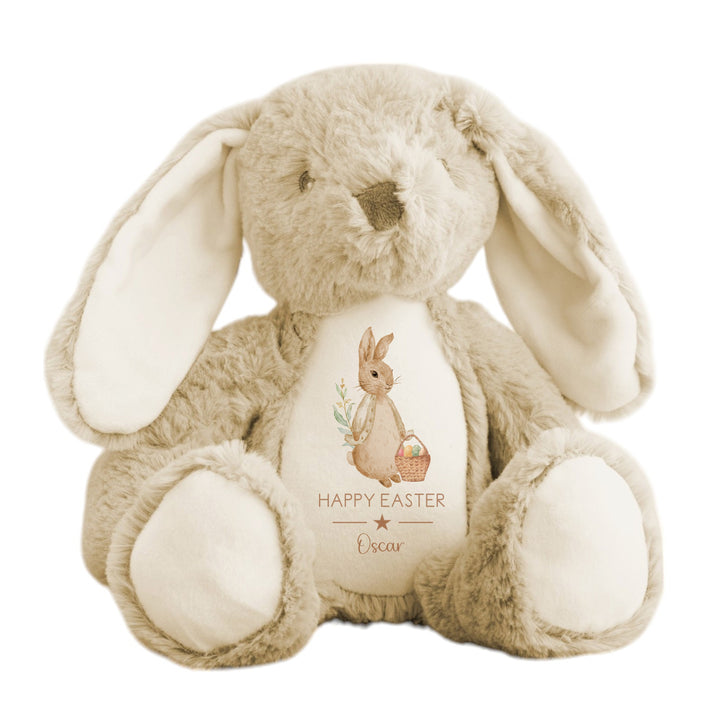 Personalised beige rabbit beige teddy that says 'Happy Easter Oscar'. This design features a rabbit wearing a beige jacket holding an Easter basket