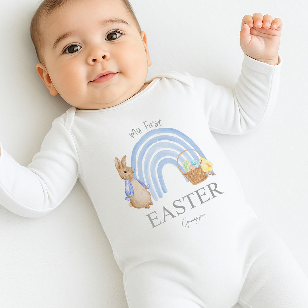Personalised Blue Rabbit Rainbow My First Easter Baby Grow, Vest or Bib
