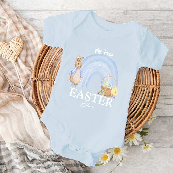 Personalised Blue easter Bunny Rainbow Baby Vest