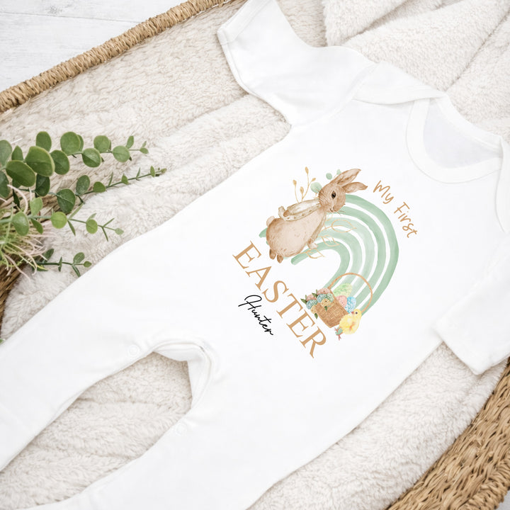 Personalised Green Rabbit Rainbow My First Easter Baby Grow, Vest or Bib