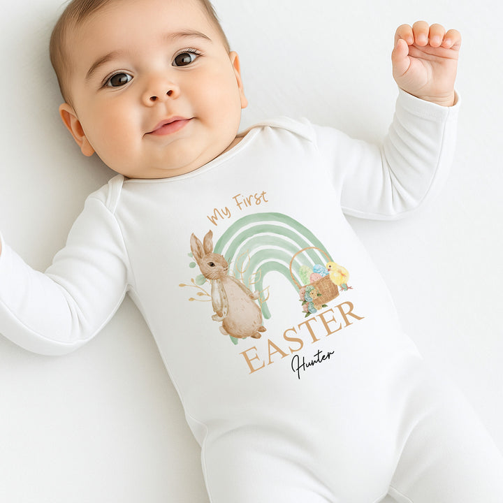 Personalised Green Rabbit Rainbow My First Easter Baby Grow, Vest or Bib