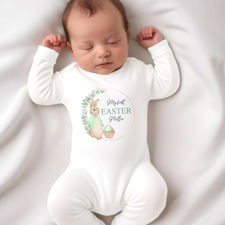 My First Easter Green Rabbit Wreath White Babygrow