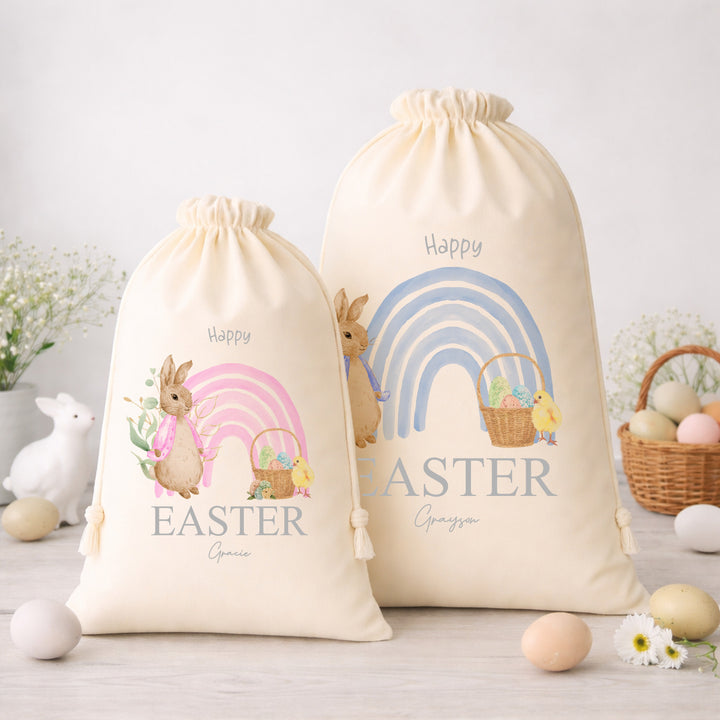 Personalised Blue or Pink Rabbit Rainbow Easter Treat Bag