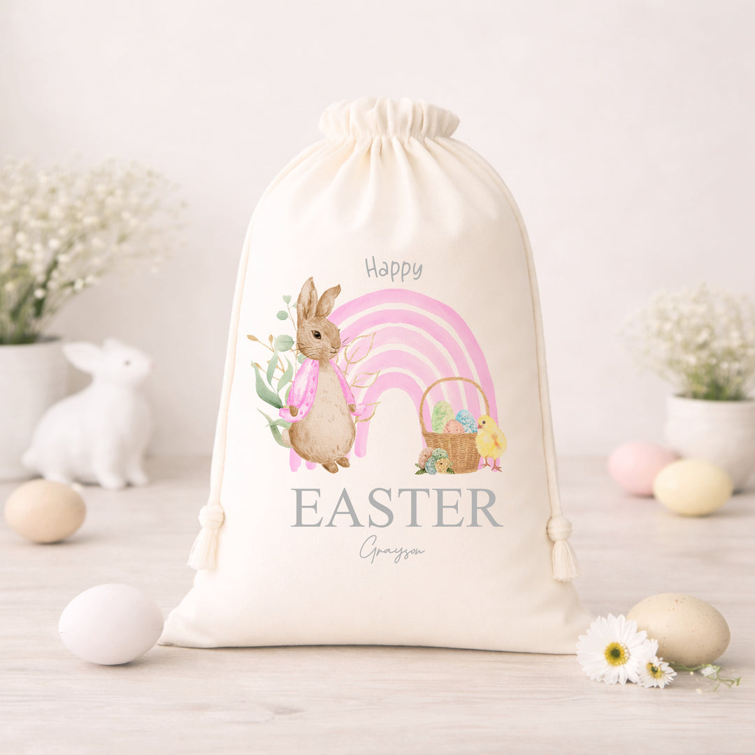 Personalised Blue or Pink Rabbit Rainbow Easter Treat Bag