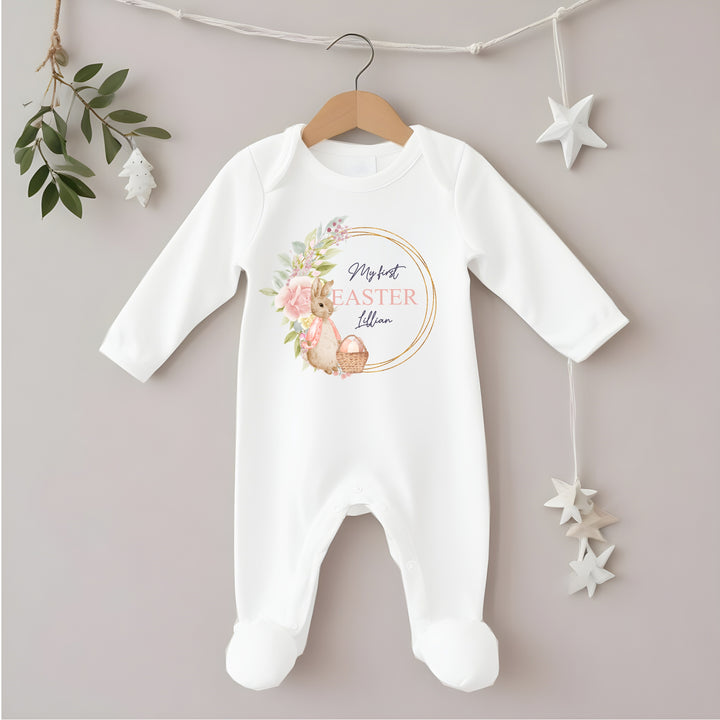 My First Easter Pink Bunny Wreath White Babygrow/Vest