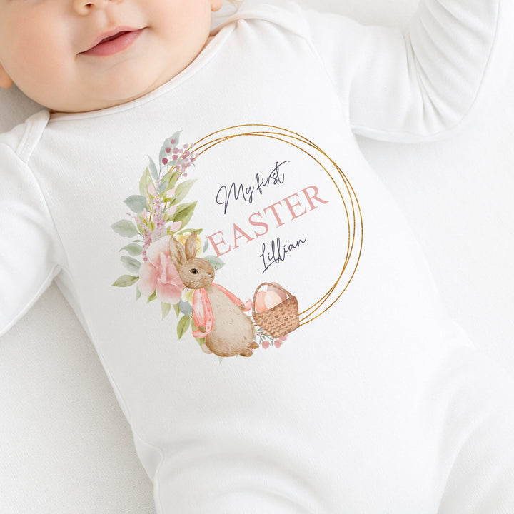 Personalised Pink Rabbit Wreath My First Easter Baby Grow, Vest or Bib