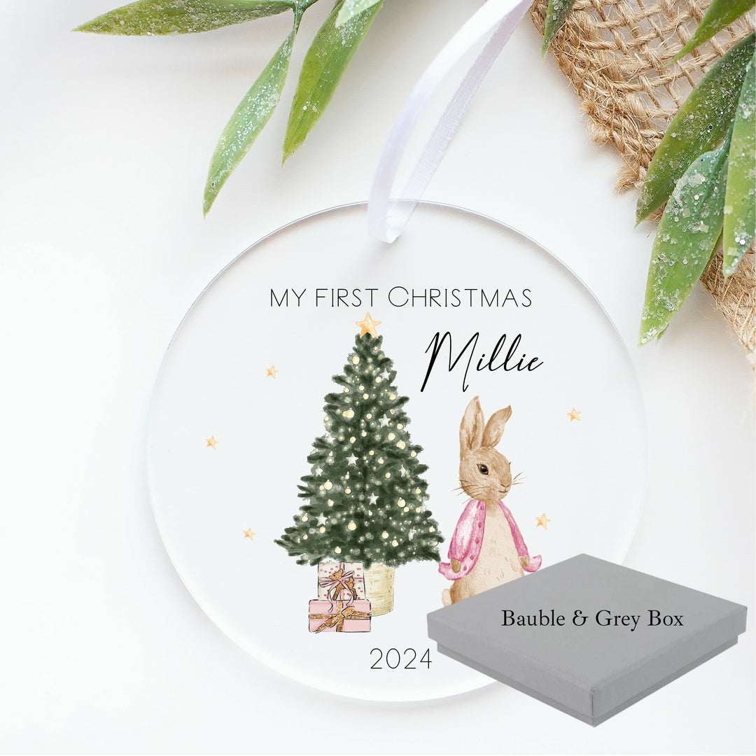 Personalised Pink Rabbit My First Christmas Acrylic Bauble