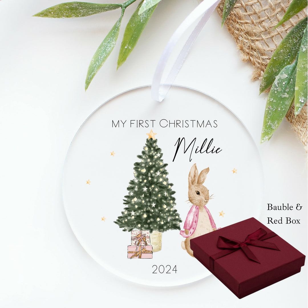 Personalised Pink Rabbit My First Christmas Acrylic Bauble