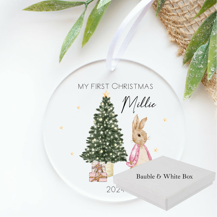 Personalised Pink Rabbit My First Christmas Acrylic Bauble