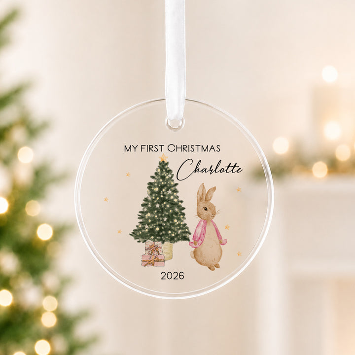 Personalised Pink Rabbit Acrylic My First Christmas Bauble