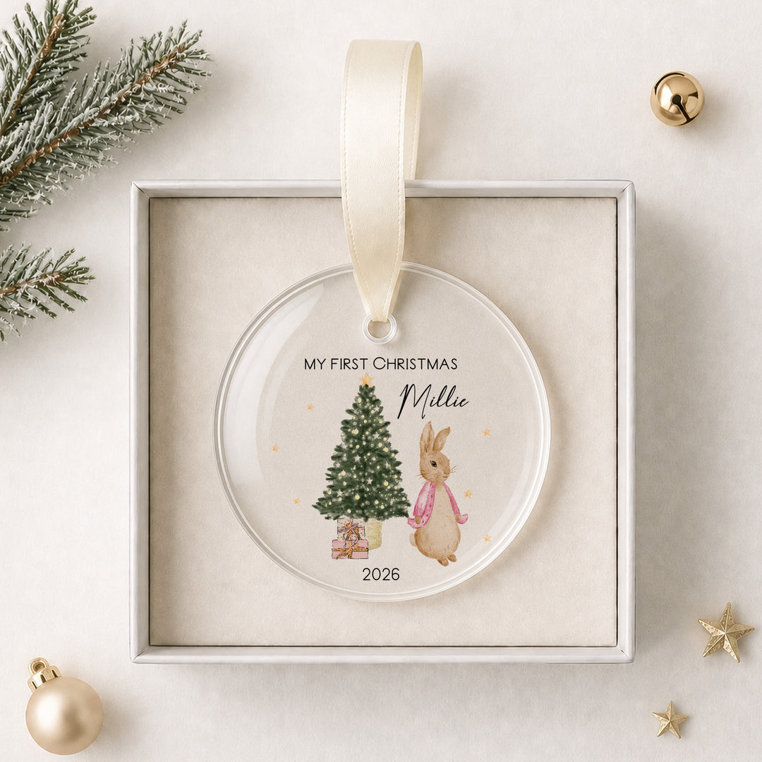 Personalised Pink Rabbit Acrylic My First Christmas Bauble
