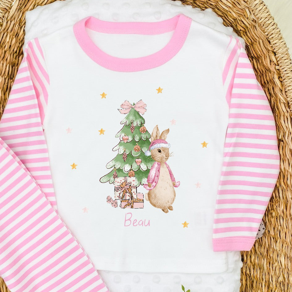 Personalised Pink Rabbit Pink Striped Christmas Pyjamas