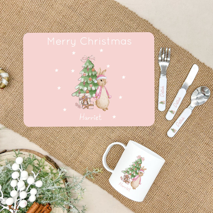 Personalised Pink Rabbit Christmas Place Mat With Optional Cutlery and Mug