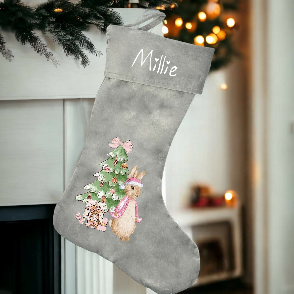 Personalised Pink Rabbit Christmas Tree Stocking or Santa Sacks