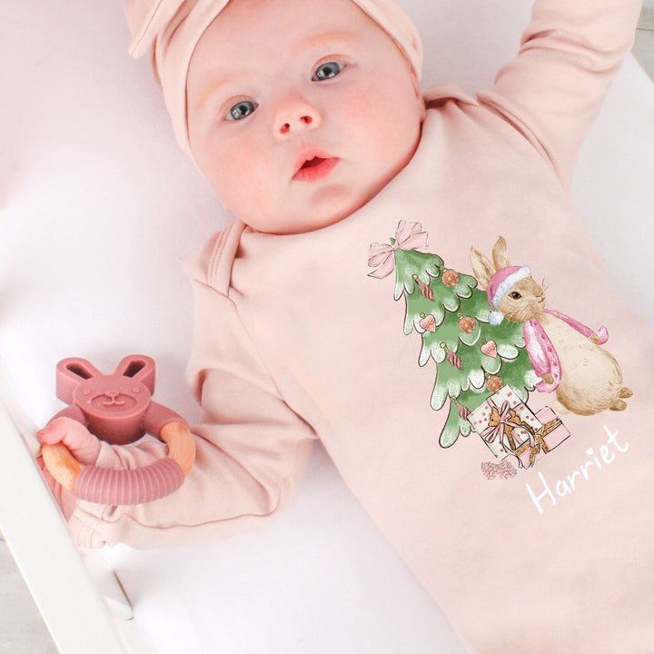 Personalised Pink Rabbit Christmas Pink Babygrow and optional Headband