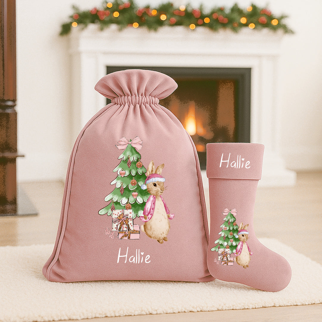 Personalised Pink Rabbit Christmas Tree Stocking or Santa Sacks