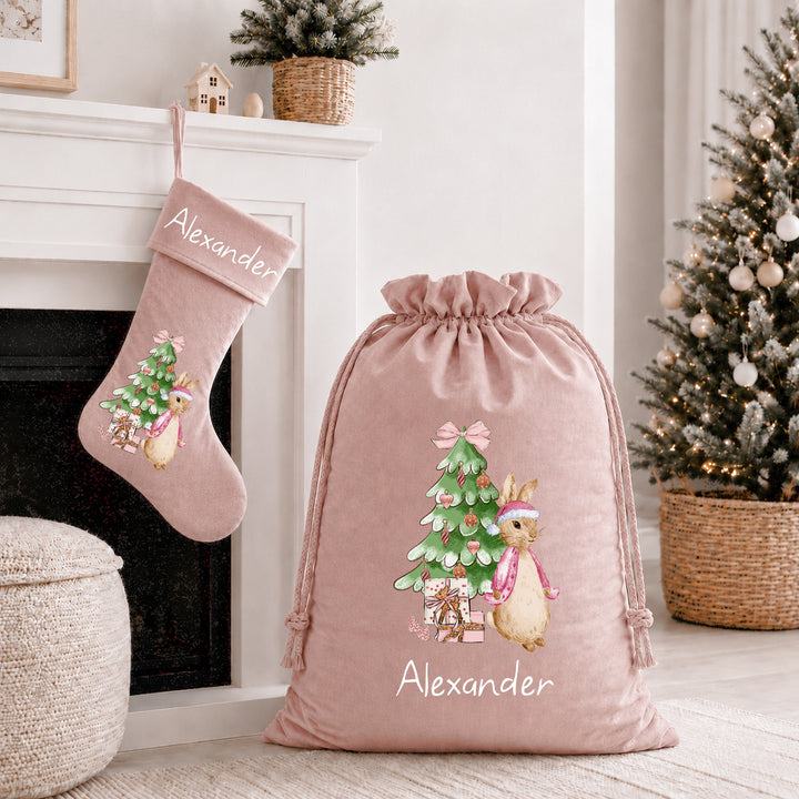 Personalised Pink Rabbit Christmas Tree Stocking or Santa Sacks