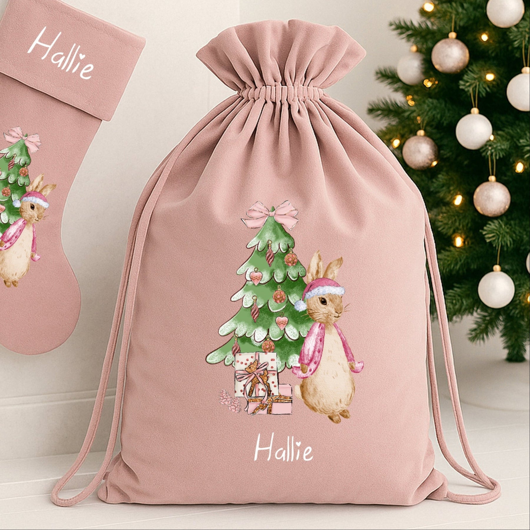 thumbnail image 2 of Personalized Christmas Tree Cute Pink Rabbit Santa Sack Gift Bag With Name Christmas Party Favors For Kids Family Friends 2 of 11