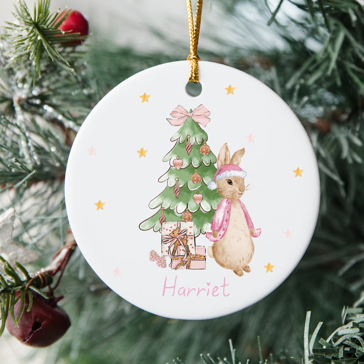 Personalised Pink Rabbit Christmas Ceramic Ornament Bauble