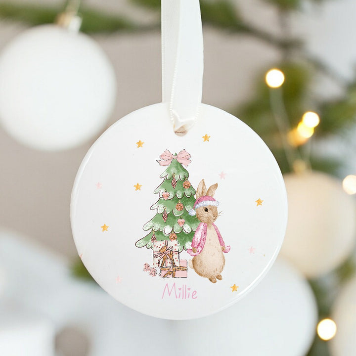 Personalised Pink Rabbit Christmas Ceramic Ornament Bauble