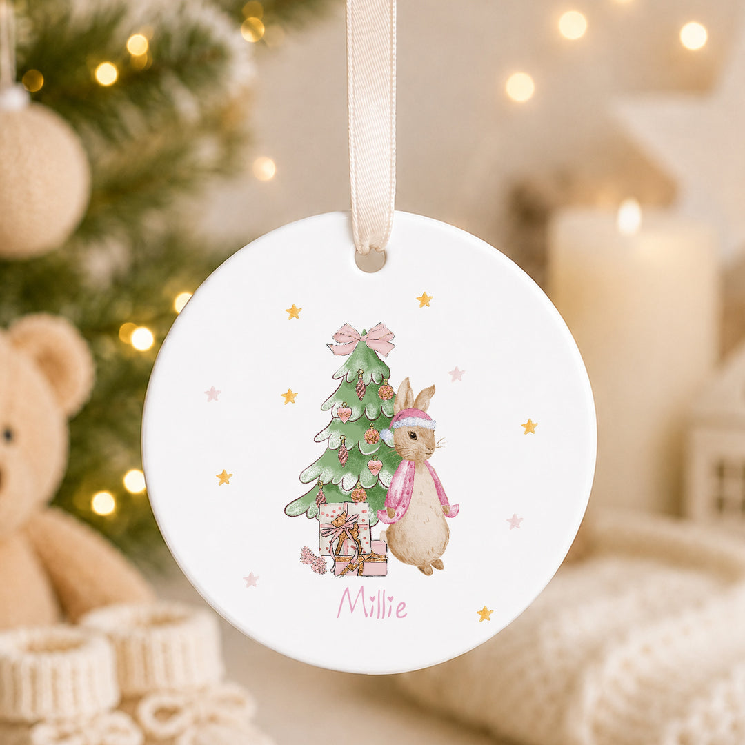 Personalised Pink Rabbit Tree Ceramic Christmas Bauble