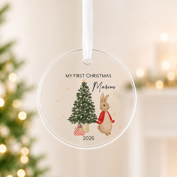 Personalised Red Rabbit My First Christmas Acrylic Bauble