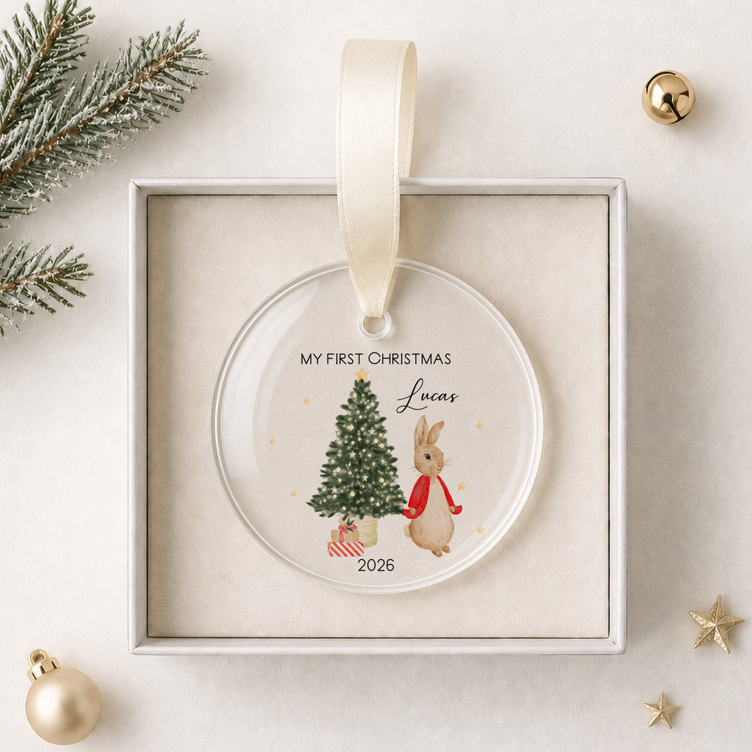 Personalised Red Rabbit My First Christmas Acrylic Bauble