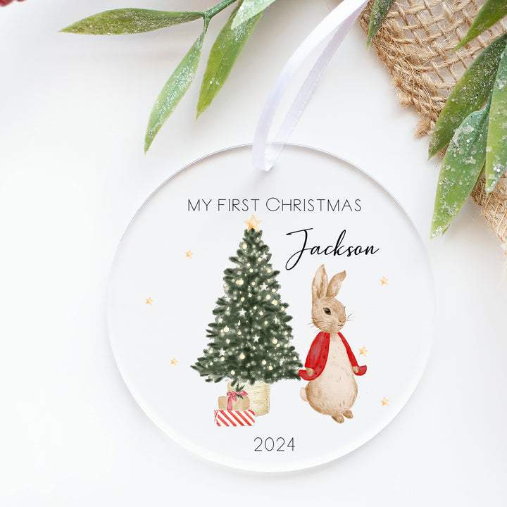 My First Christmas Red Rabbit Personalised Clear Acrylic Tree Ornament