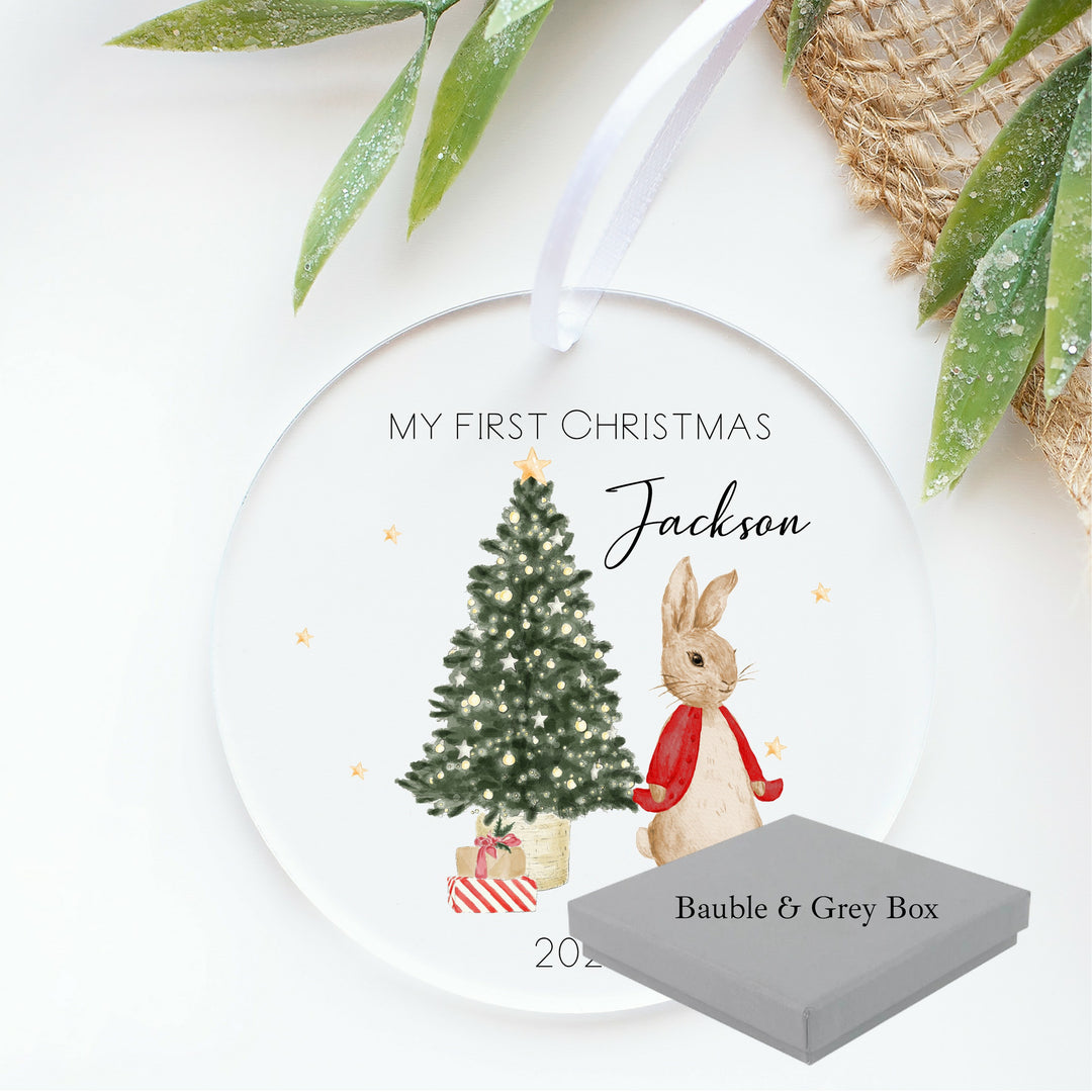 Personalised Red Rabbit My First Christmas Acrylic Bauble