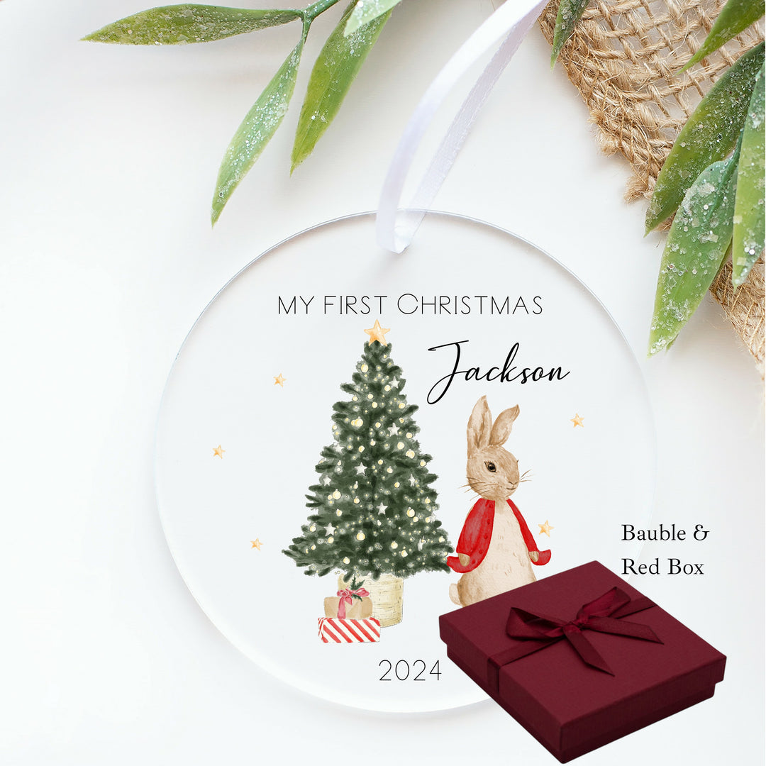 Personalised Red Rabbit My First Christmas Acrylic Bauble
