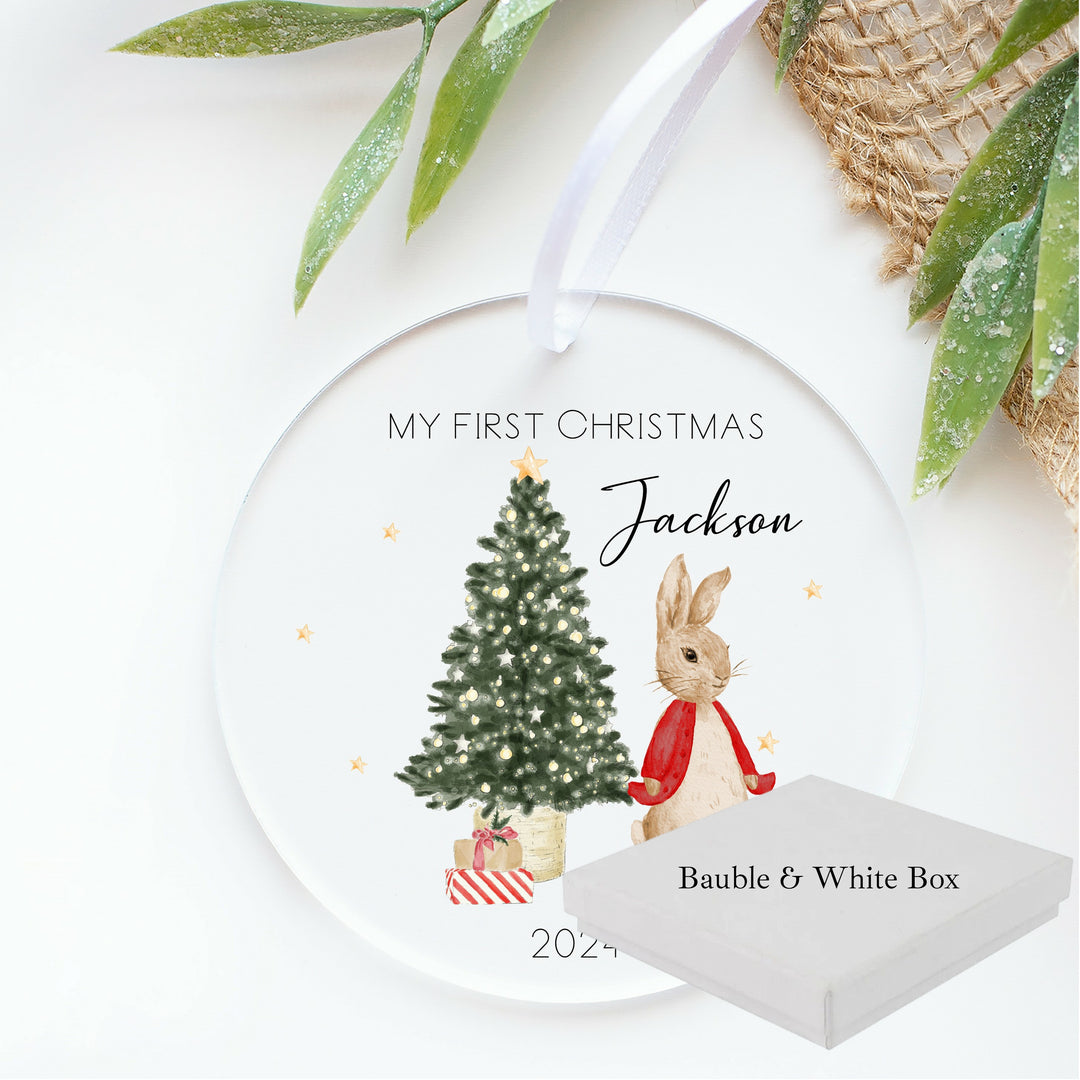 Personalised Red Rabbit My First Christmas Acrylic Bauble