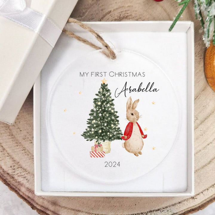 My First Christmas Red Rabbit Personalised Clear Acrylic Tree Ornament