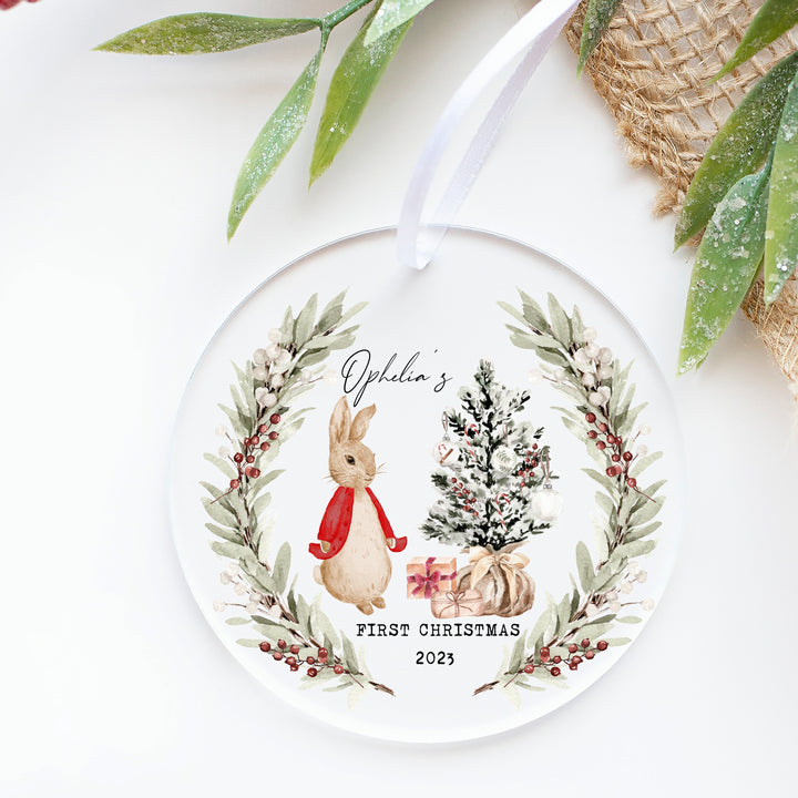 My First Christmas Red Rabbit Wreath Clear Acrylic Tree Ornament