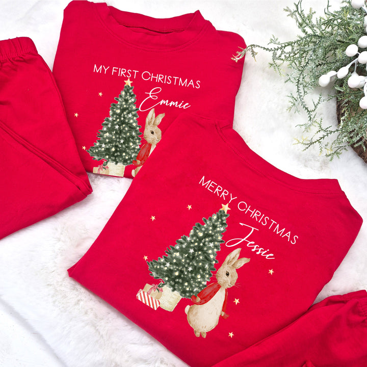 Personalised Red Frilly Rabbit Tree Christmas Pyjamas