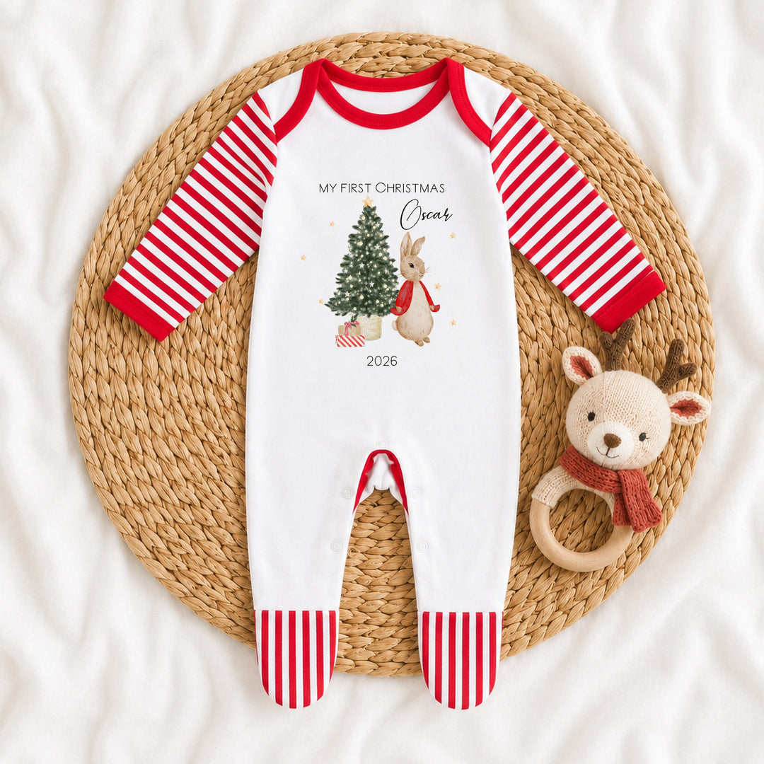 Personalised Red Rabbit My First Christmas Pattern Baby Grow