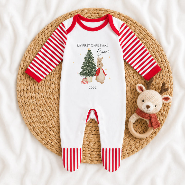 Personalised Red Rabbit My First Christmas Pattern Baby Grow