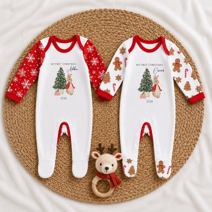 Personalised Red Rabbit My First Christmas Pattern Baby Grow