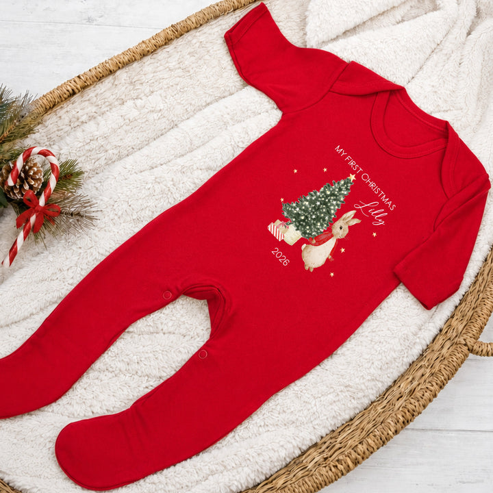 Personalised Red Rabbit My First Christmas Pattern Baby Grow