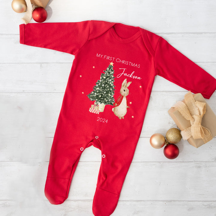 Personalised Red Rabbit First Christmas Personalised Red Babygrow