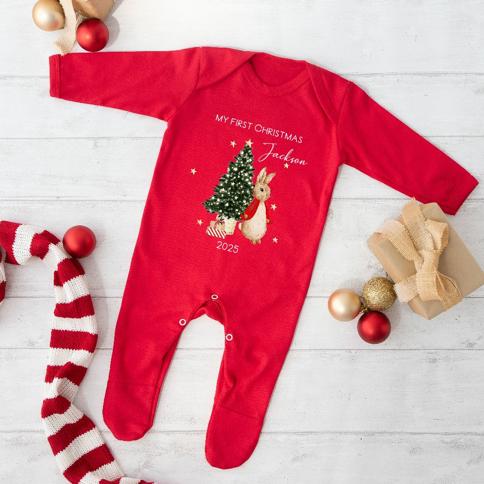 Personalised Red Rabbit First Christmas Personalised Red Baby Grow