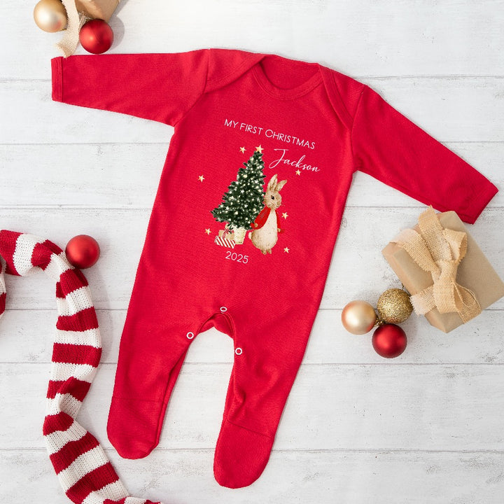 Personalised Red Rabbit First Christmas Personalised Red Baby Grow