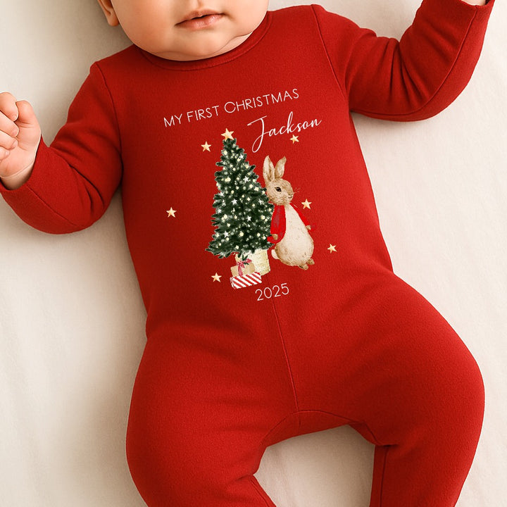 Personalised Red Rabbit First Christmas Personalised Red Baby Grow
