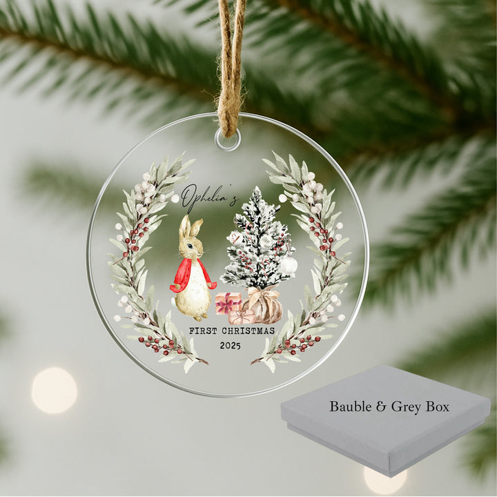 Personalisesd My First Christmas Red Rabbit Wreath Acrylic Bauble