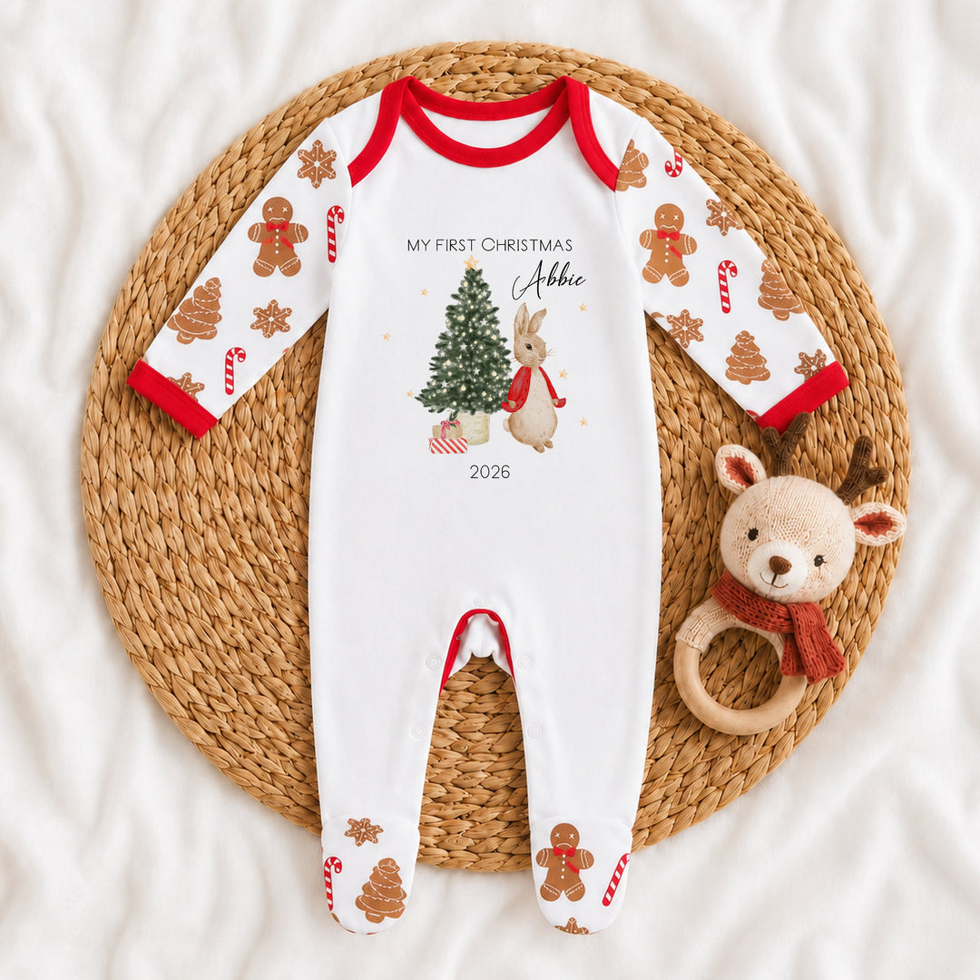 Personalised Red Rabbit My First Christmas Pattern Baby Grow